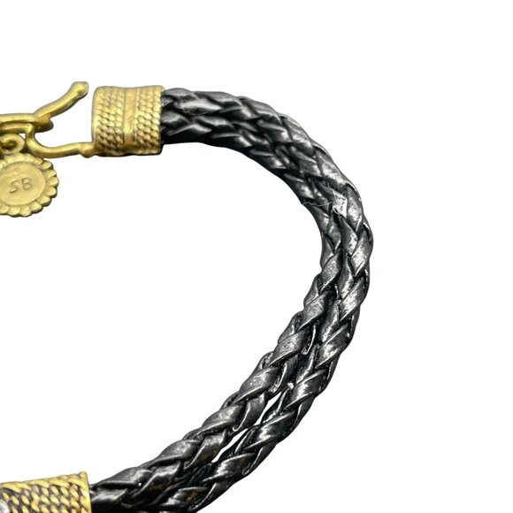 Braided Leather Bracelet With Ornate Gold-Toned Clasp & SB Logo Charm - Picture 4 of 4